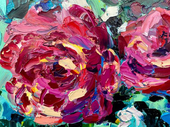 Roses - The burst of pink, 35*45cm, impressionistic flowers oil painting in pink and turquoise