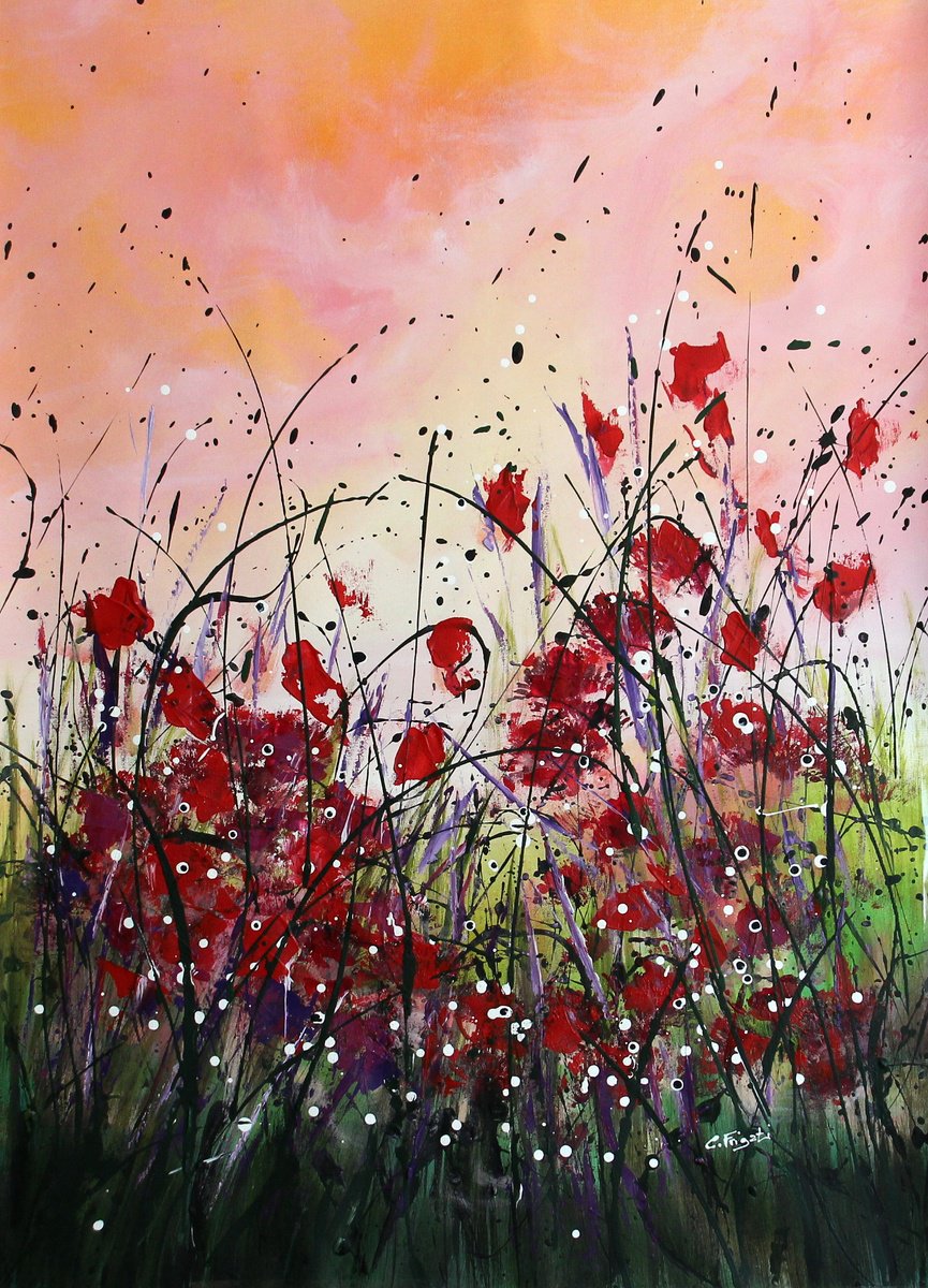 Impressionistic Landscape Acrylic Painting By Cecilia Frigati, 28 X 39, Red Passion #5, Original Artwork