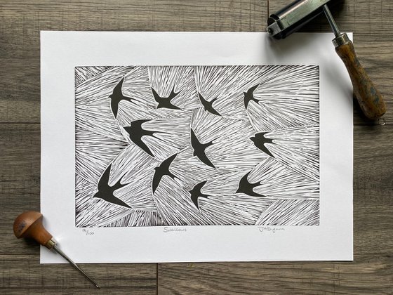 Linocut: Swallows 91/100