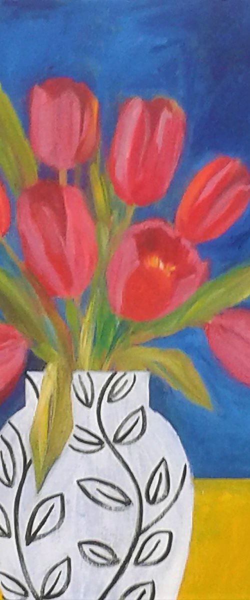 Red Tulips and Blue Shutters by Jan Rippingham