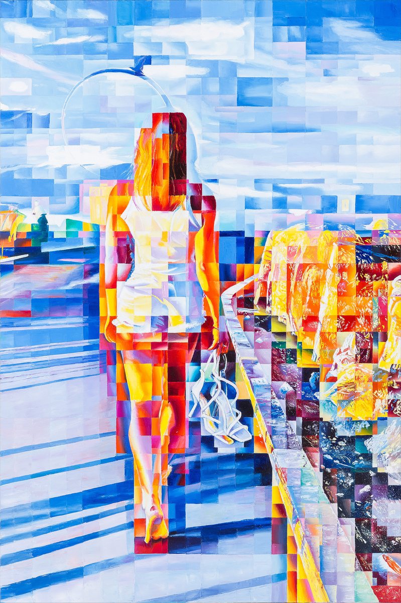 Urban And Pop Portrait Oil Painting By Assunta Cassa, 39 X 59, Towards Jonathan Livingston, Original Artwork