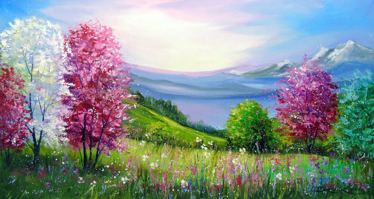 Impressionistic Landscape Oil Painting By Olha Darchuk, 51 X 28", Spring In The Mountains, Original Artwork