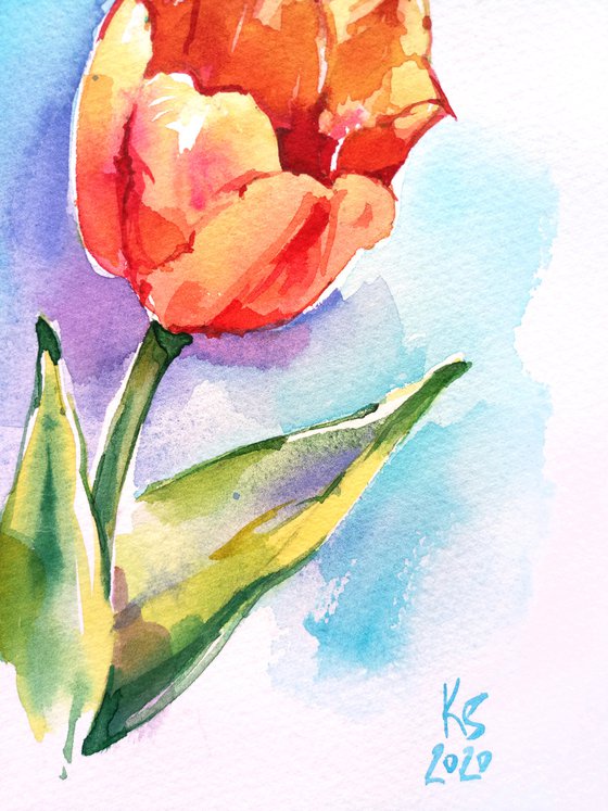 "Bright orange tulip" original watercolor painting