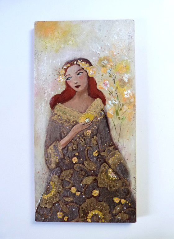 A day of June 15 x 30 cm Romantic redheaded woman on wood.