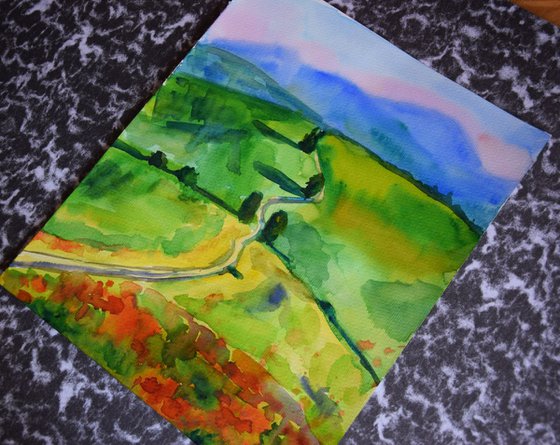 Watercolor painting Sunny fields in Toskany