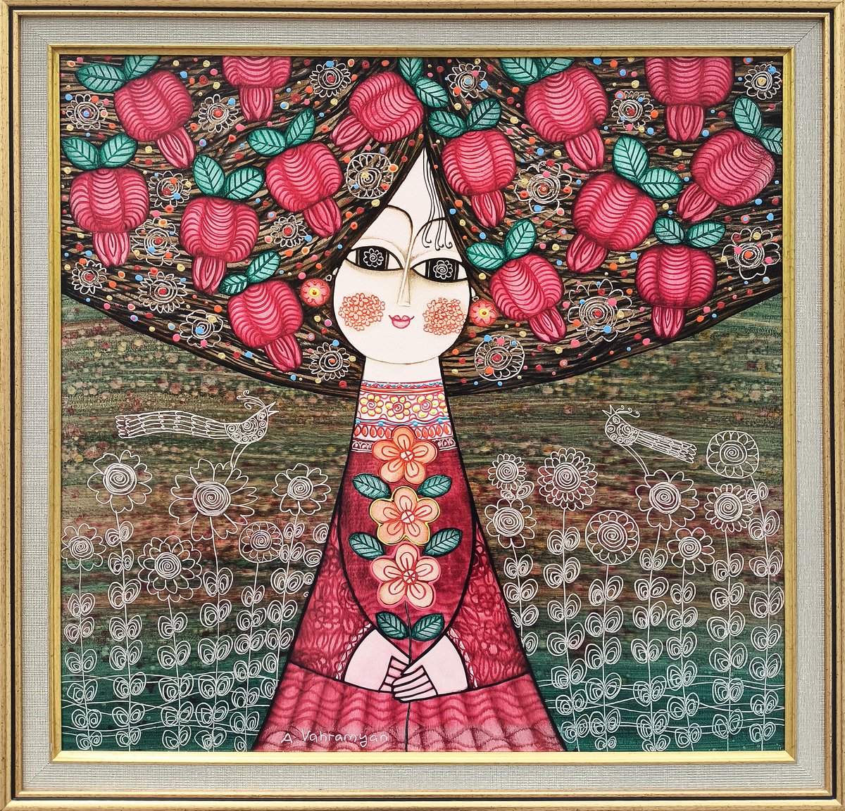 Naive Portrait Oil Painting By Armen Vahramyan, 22 X 22, Pomegranates Crown, Original Artwork