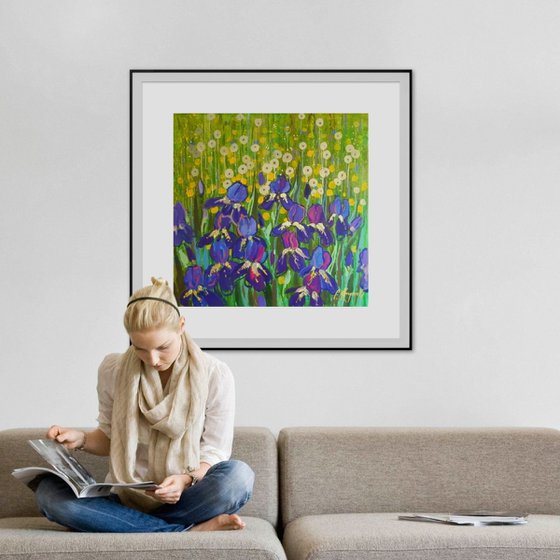 irises and dandelions, 80 x80 cm
