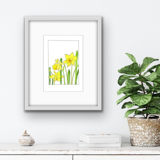 Yellow daffodils flowers mixed media illustration