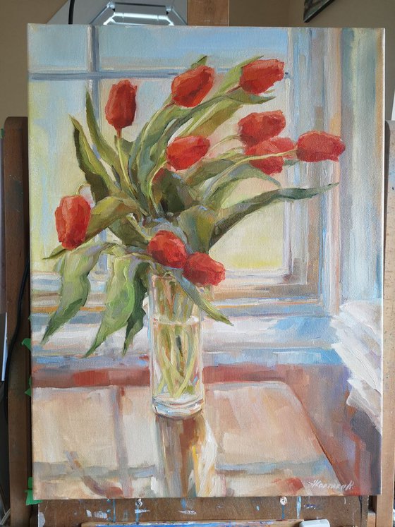 "Tulips", original one-of-a-kind, oil on canvas impressionistic style still life painting (18x24'')