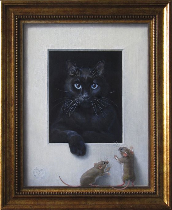Trompe l'oeil with cat and mice