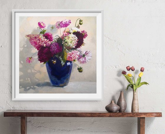 Flowers Bouquet in a blue glass vase still life