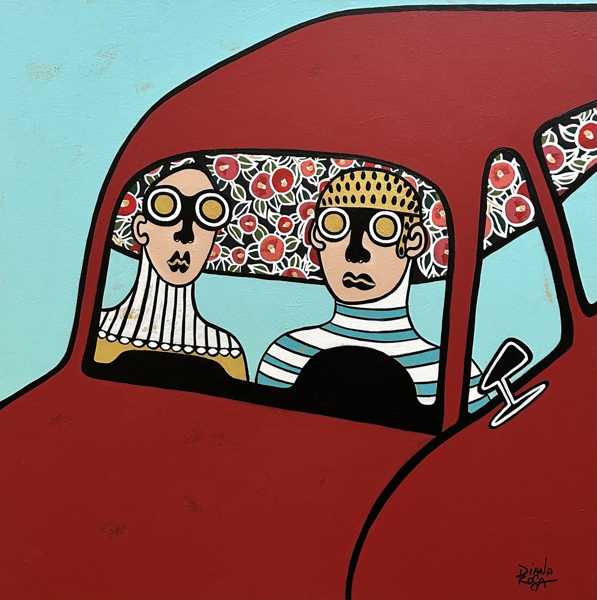 Illustrative Transport Acrylic Painting By Diana Rosa, 20 X 20, Summer Drive #1, Original Artwork