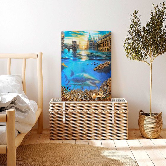 Flooding in London. Global warming. Shark under water, sea bottom seascape marine.  Fantasy art.