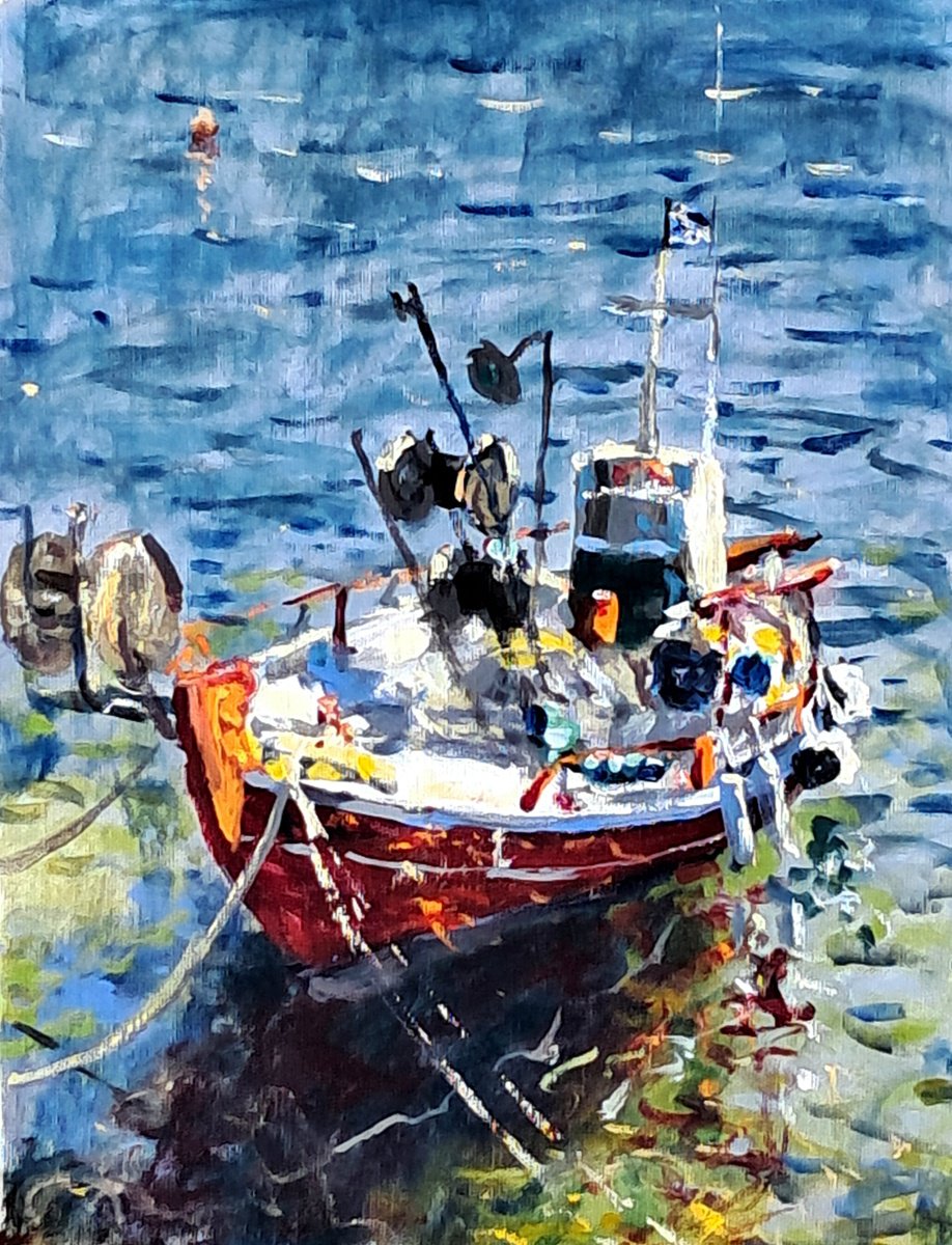  Red Boat Yellow Nets Blue Sea By Dimitris Voyiazoglou, 17 X 20, Artwork For Sale On Artfinder
