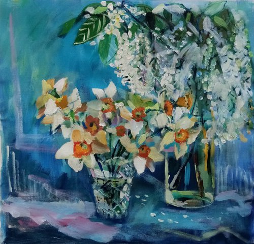 May friends : Daffodils and bird cherry branches by Oxana Raduga