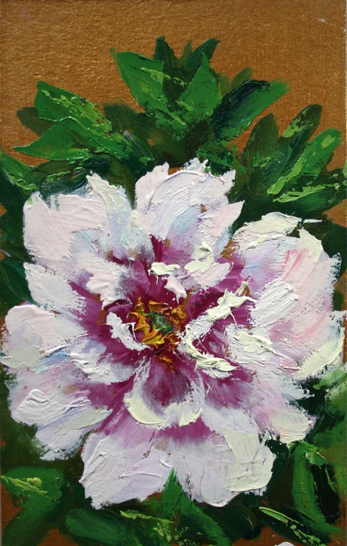 Peony on golden background / FROM MY A SERIES OF MINI WORKS / ORIGINAL OIL PAINTING by Salana Art Gallery