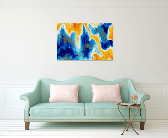 "Ice and Fire" landscape, original acrylic painting, abstract art, office home decor, gold, blue, yellow