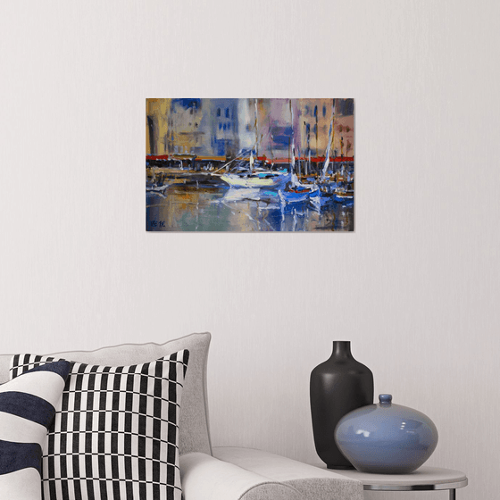 View of Honfleur harbor, France. Original oil painting boats normandy seascape landscape interior muted colorful