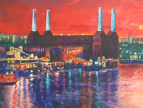 Red sunset behind Battersea Power Station large painting