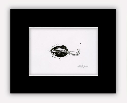 Sexy Lips 2 -  Lips with Cigarette, Original Minimalist Ink Illustration by Kathy Morton Stanion by Kathy Morton Stanion