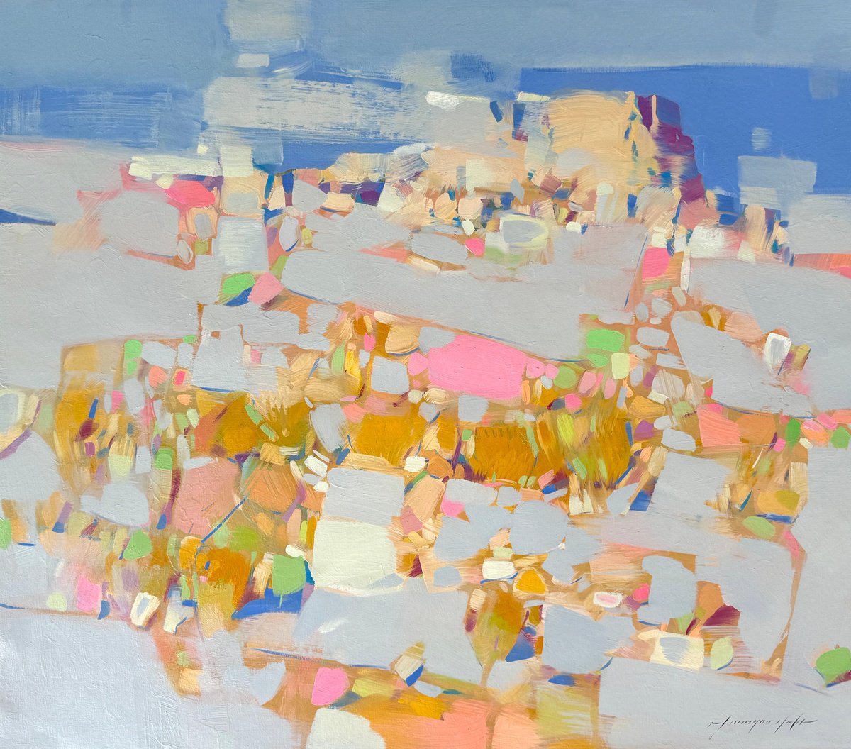 Impressionistic Landscape Oil Painting By Vahe Yeremyan, 30 X 27", Cliff Mountain, Original Artwork