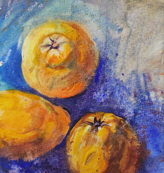 Quince - fruits art, watercolor, yellow and blue artwork