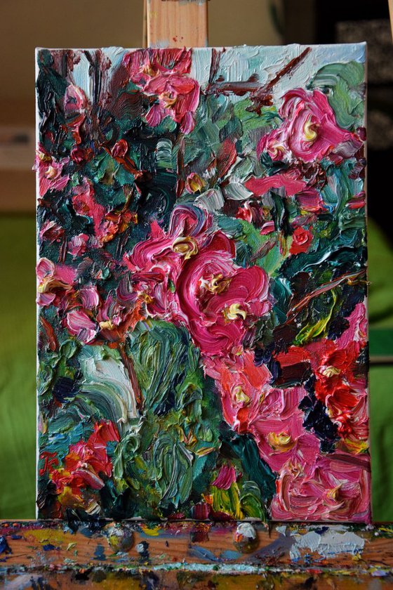 Abstract flowers impasto oil painting Spring blooming, palette knife floral home decor