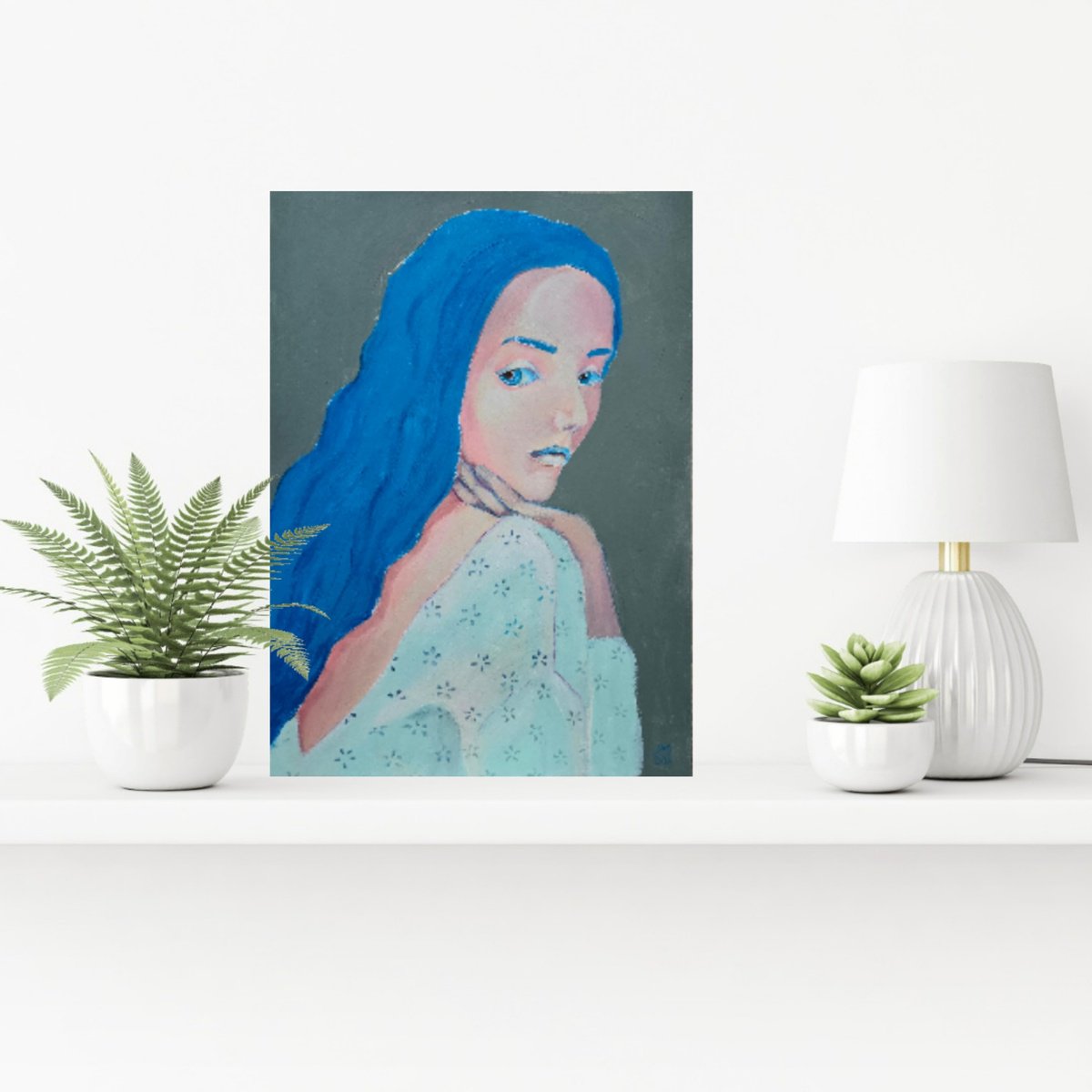 Expressive Portrait Acrylic Painting By Ksenia June, 12 X 17", Blue Eyes - Just Looking Woman Portrait, Original Artwork