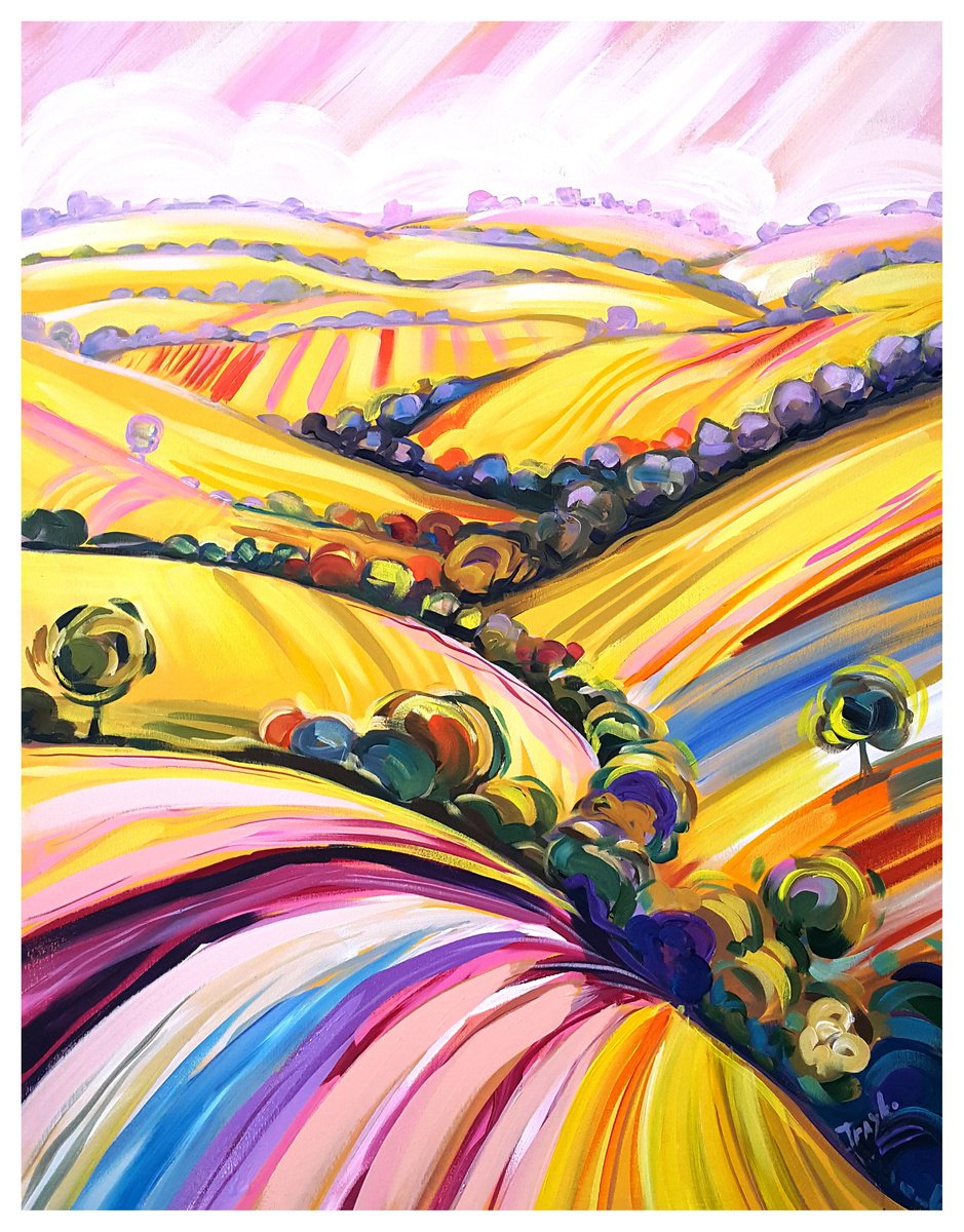 Abstract Landscape Acrylic Painting By Trayko Popov, 28 X 35", Golden Hills, Original Artwork