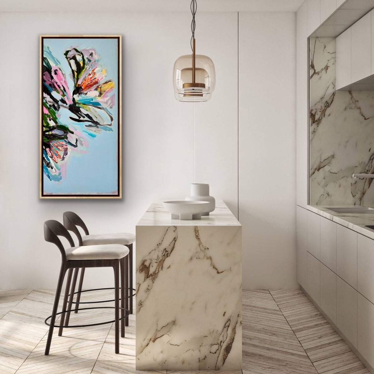 Expressive Botanical Painting By Julia Borg, 24 X 47", "Flying On My Own...", Original Artwork