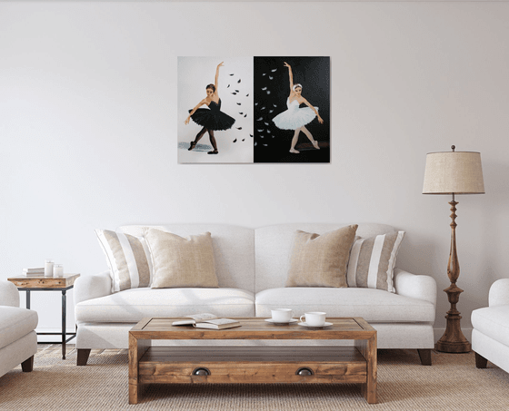 Black and White Swan. Ballet. Diptych /  ORIGINAL PAINTING