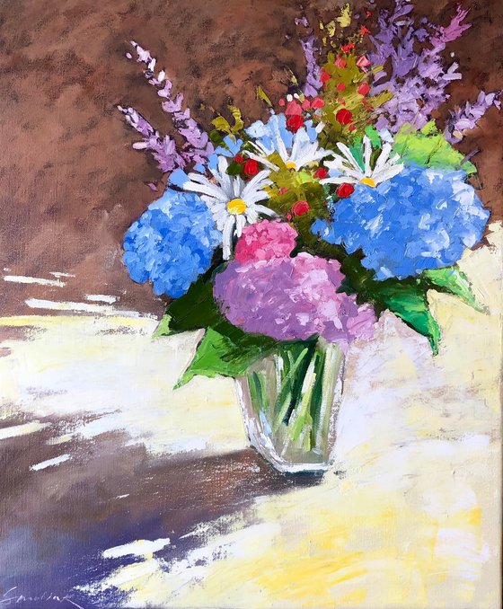 Bouquet flowers in vase, still life painting with flowers