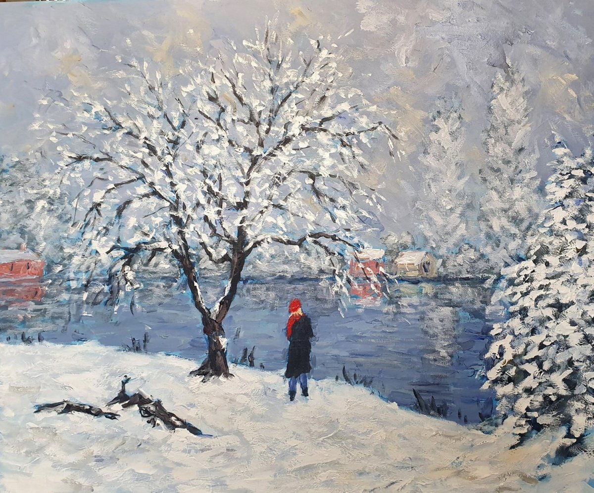 Landscape Acrylic Painting By Colin Ross Jack, 24 X 20, Snow By The River Iii, Original Artwork