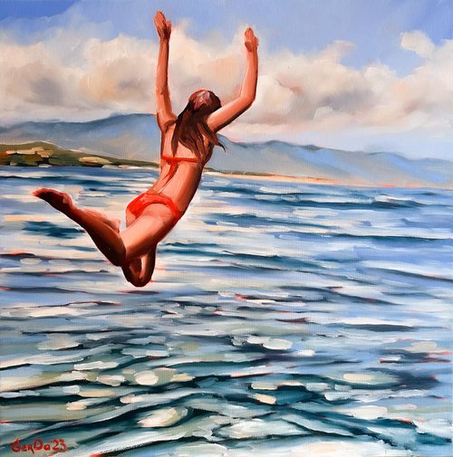 Jumping in Ocean - Swimmer Dive Woman Seascape Original Art by Daria Gerasimova