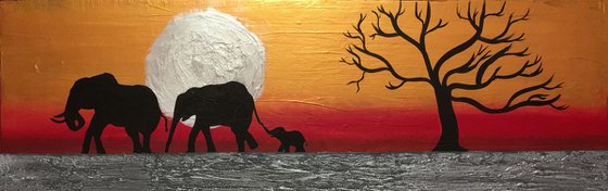 original abstract landscape "elephants on silver sun" tree of life gold metallic silver impasto africa animal africa safari painting art canvas - 30 x 90 cm