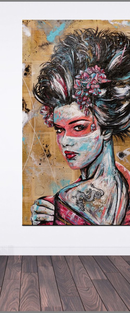 Cherry Euro Geisha 140cm x 100cm Geisha Book Page Urban Pop Art by Franko