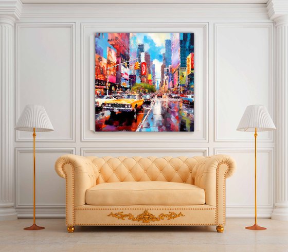New York street after the rain. Urban 7th Avenue and Broadway Times Square New York City USA cityscene, colorful impressionistic landscape art. Large wall art home decor. Art Gift