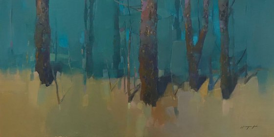 Moon Trees, Landscape oil painting, Handmade artwork,