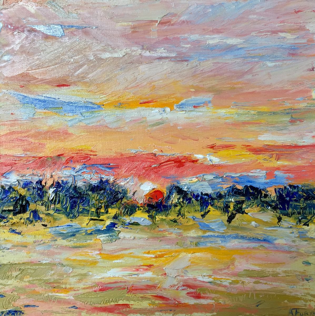 Expressive Landscape Oil Painting By Altin Furxhi, 17 X 17, Abstract Sunset., Original Artwork