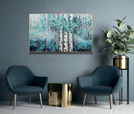 Teal Afternoon - Tree Painting On Canvas, Framed wall art, Teal blue Blomming painting, Heavy Textured art