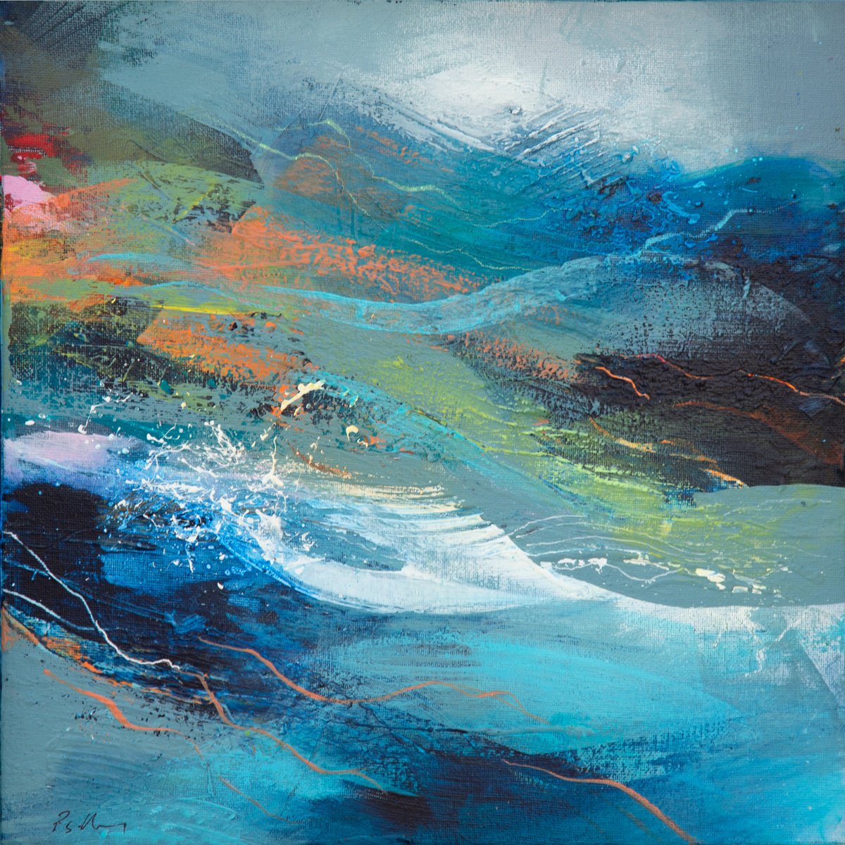 Organic Abstract Acrylic Painting By Paul Hillary, 14 X 14", Aquatones With Orange, Original Artwork