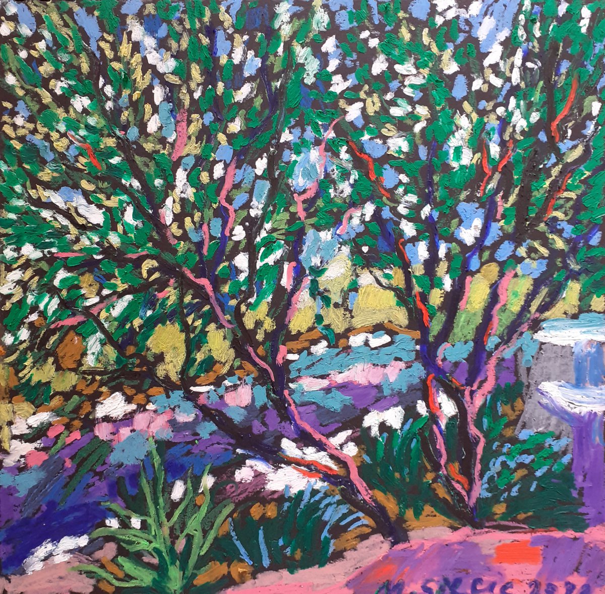 Impressionistic Landscape Pastel Drawing By Maja Grecic, 12 X 12", Mediterranean Trees, Original Artwork