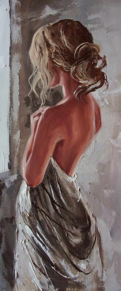 " LIFE STORIES ...  "  original painting window  palette knife GIFT brown by Monika Luniak