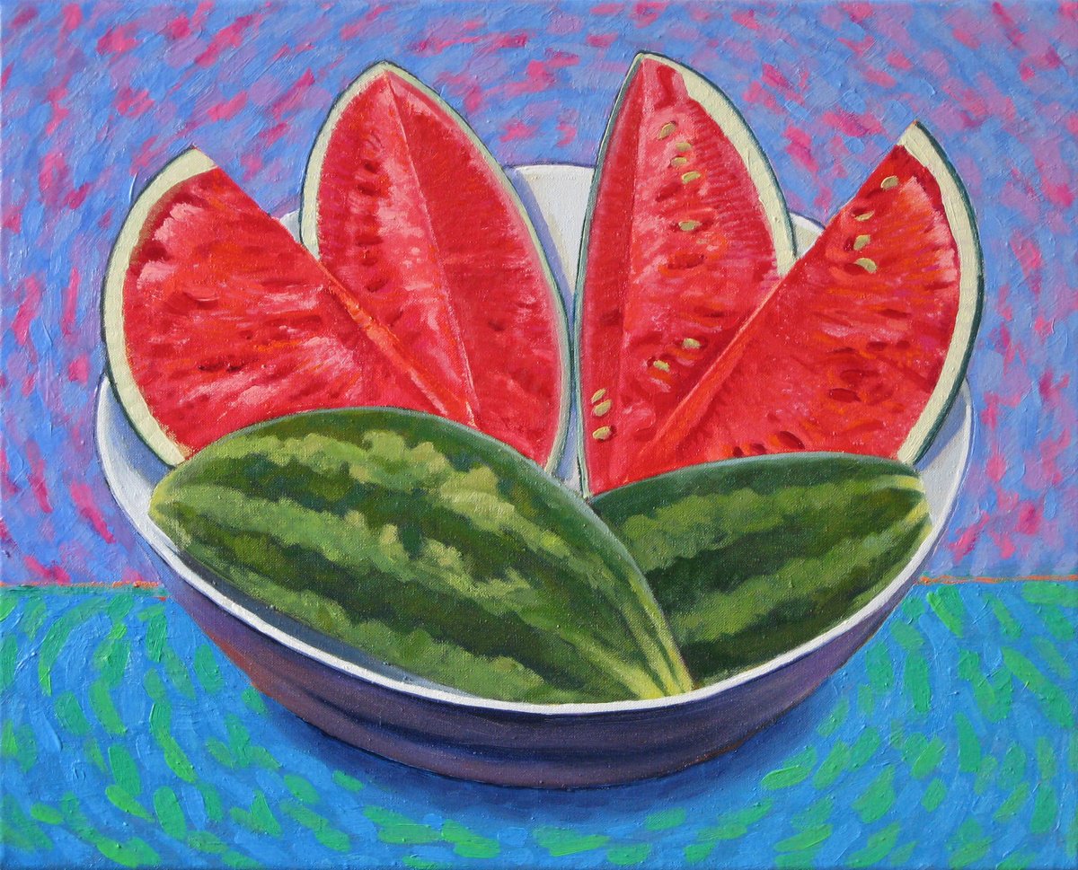 Still Life Oil Painting By Richard Gibson, 20 X 16", Sliced Watermelon, Original Artwork