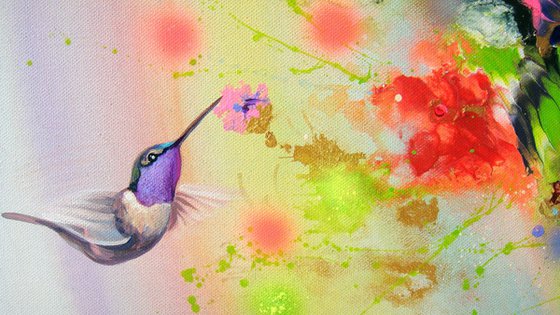 "Hummingbirds and Rainbow" LARGE painting