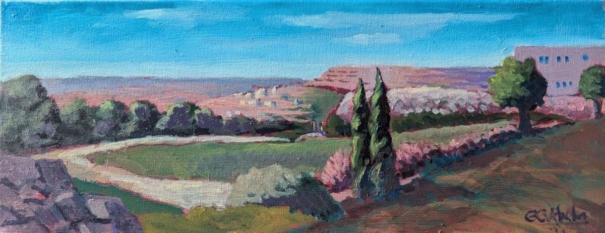 Impressionistic Landscape Oil Painting By Edward Abela, 20 X 8, Memories Of Nazareth, Original Artwork