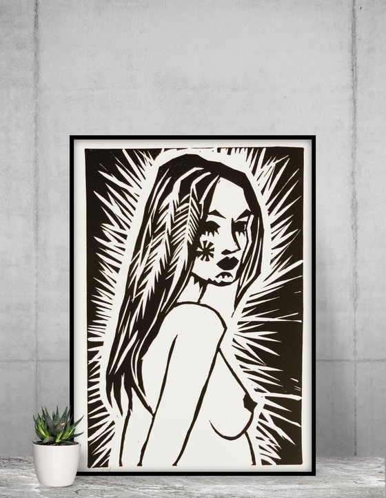 Standing Nude Expressionist Lino Cut Hand Pulled Print