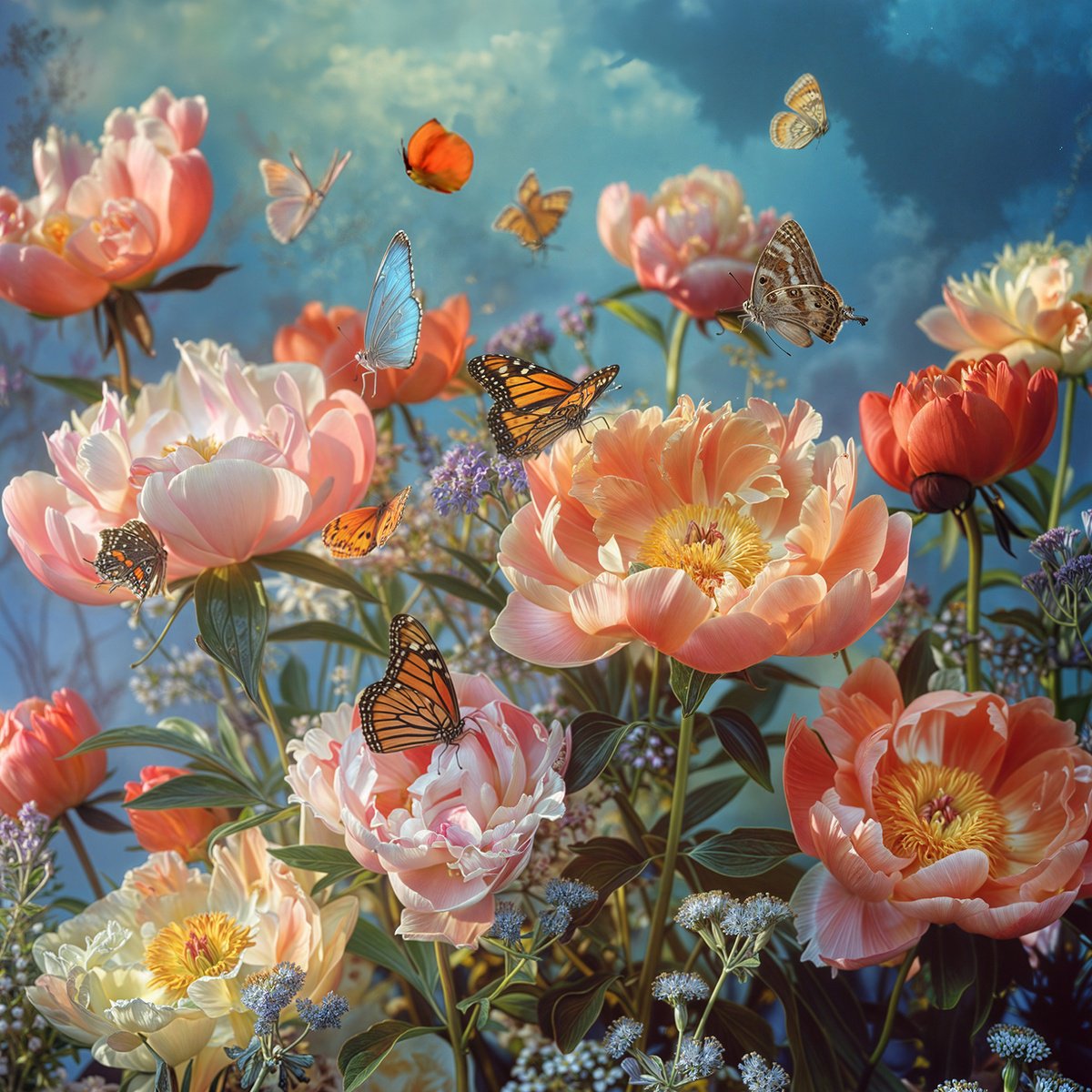 Photorealistic Botanical Photograph By Michael Filonow, 32 X 32", Butterfly Garden 55, Original Artwork