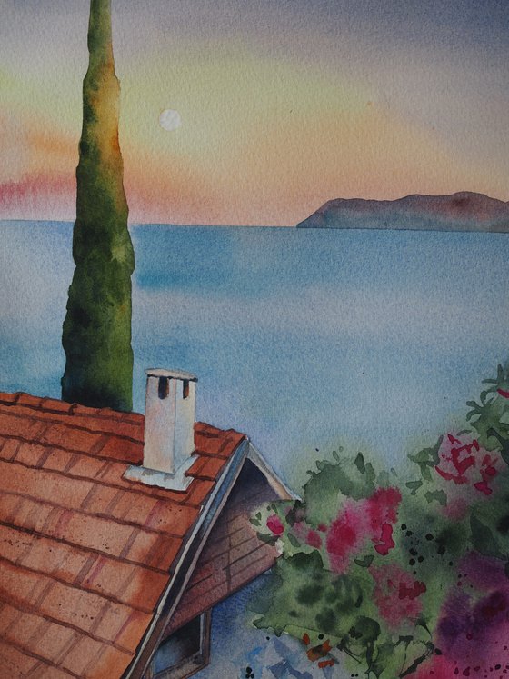 Mediterranean vibe - original watercolor cityscape seaview