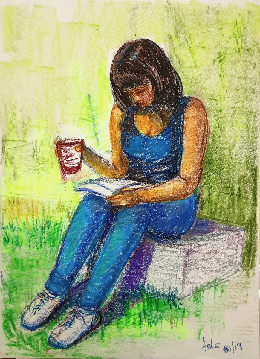 Illustrative Portrait Pastel Drawing By Asha Shenoy, 11 X 15, Young Girl Reading A Book, Original Artwork